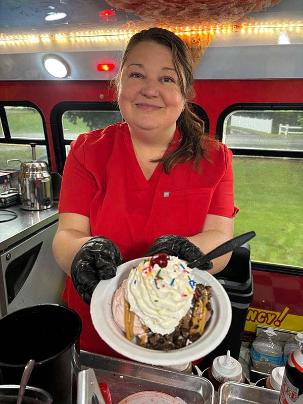 Owner of Ice Cream Emergency Southern NH & Boston North MA Showing Off Sundae
